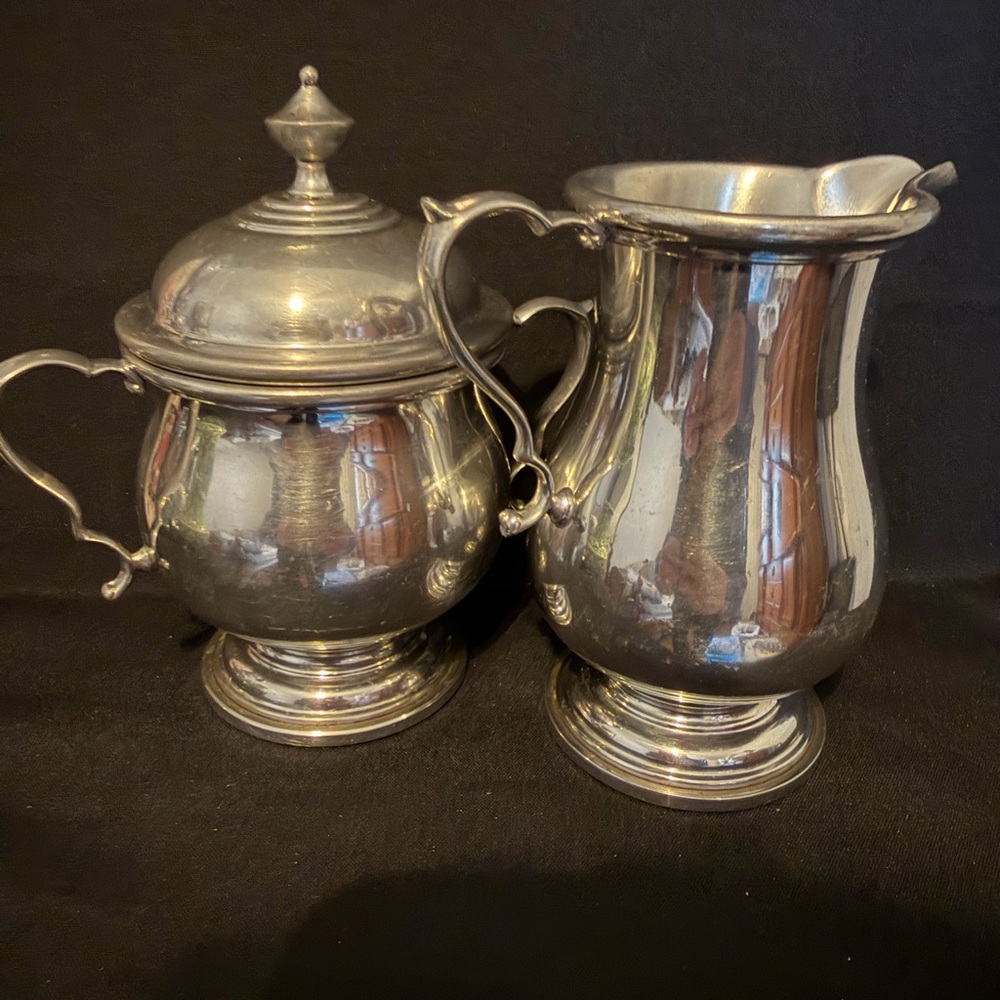 Colonial Pewter by Boardman Creamer 5” and Sugar Bowl with Lid 6”